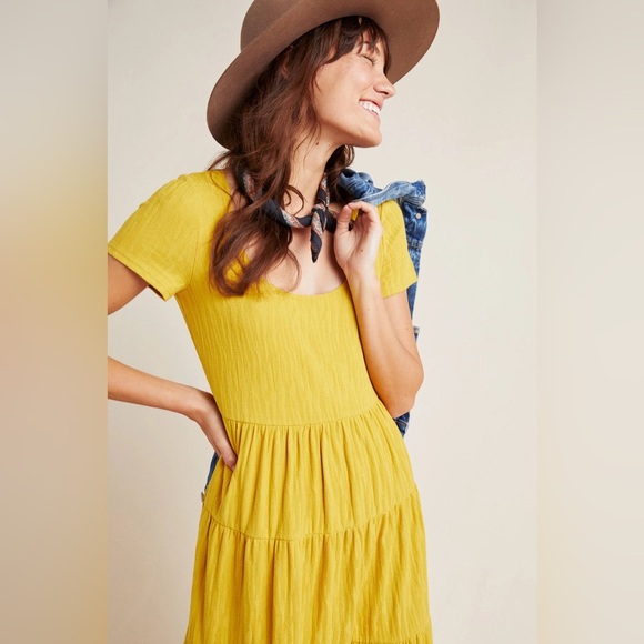 Maeve Anthropologie Mustard Yellow Gillian Tiered Maxi Dress sz S milkmaid - Picture 2 of 10